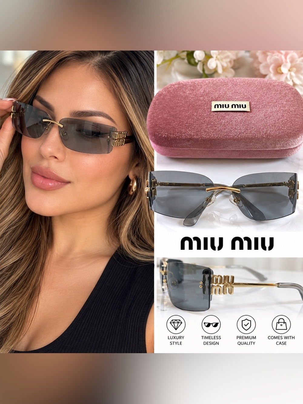 Miu Miu Rimless Gray Sunglasses with Gold Accents